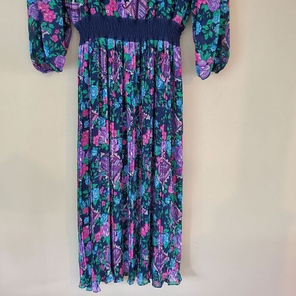 DIANE FREIS Vintage Midi Dress Blue Floral Print Beaded Size Medium Embellished - Picture 13 of 15